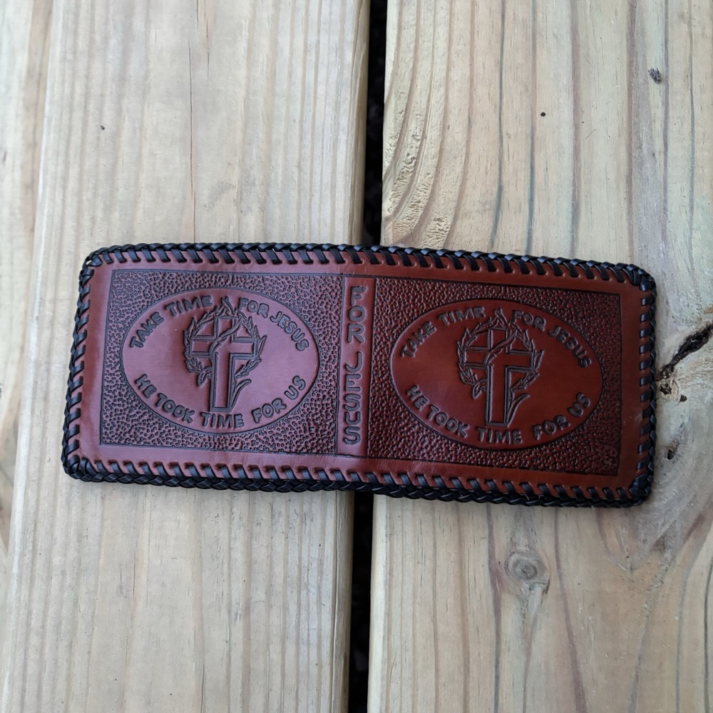 Vintage Leather Wallet Bi Fold Whipstitch Hand Tooled Jesus Church Religious